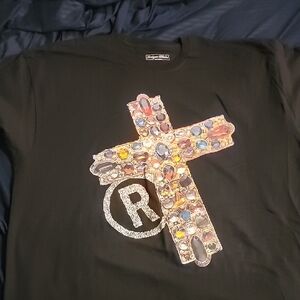 Black Short Sleeve Tee with Jeweled Cross Graphic - Unbranded